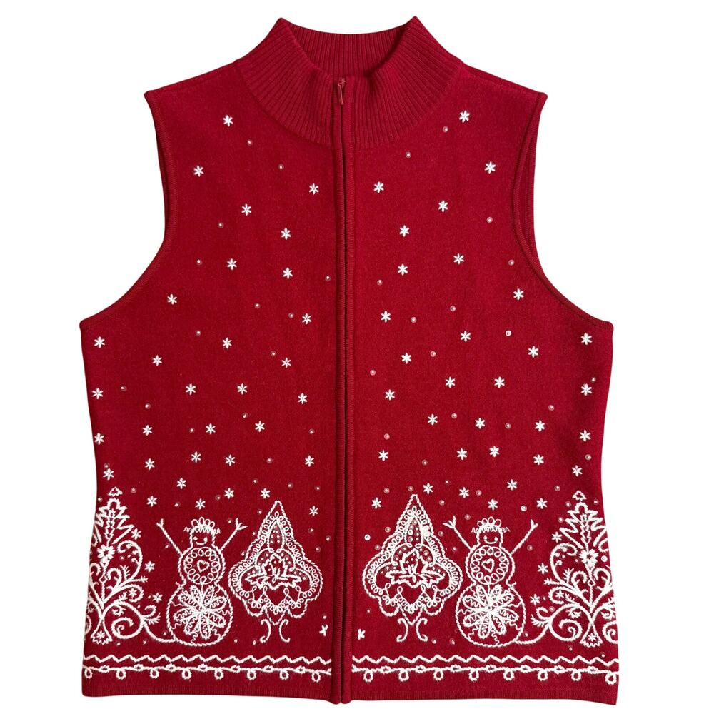 VTG Talbots Christmas Vest 100% Merino Wool Embroidered Snowman Zip Women Small